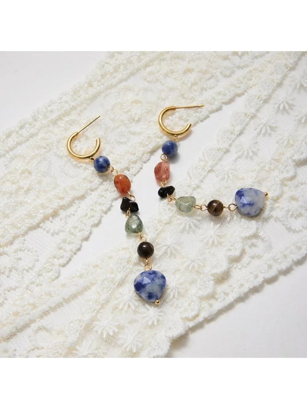 Bohemian Floral Gold Plated Turquoise Lapis Lazuli Drop Earrings, Retro Gift